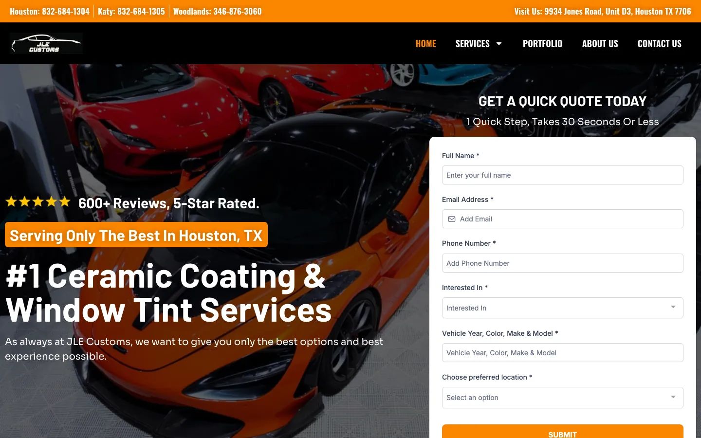 Homepage of jlecustoms.com, built by Motorgrowth